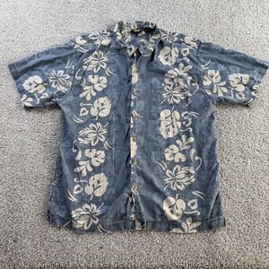 Metro Shirt Mens Large Blue Hawaiian Floral Cotton Short Sleeve Button Up Casual